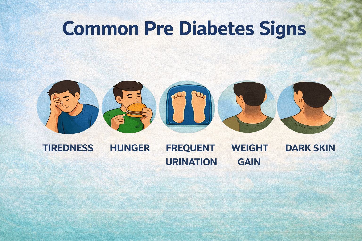 Infographic showing common pre diabetes signs including tiredness hunger frequent urination weight gain and dark skin around neck