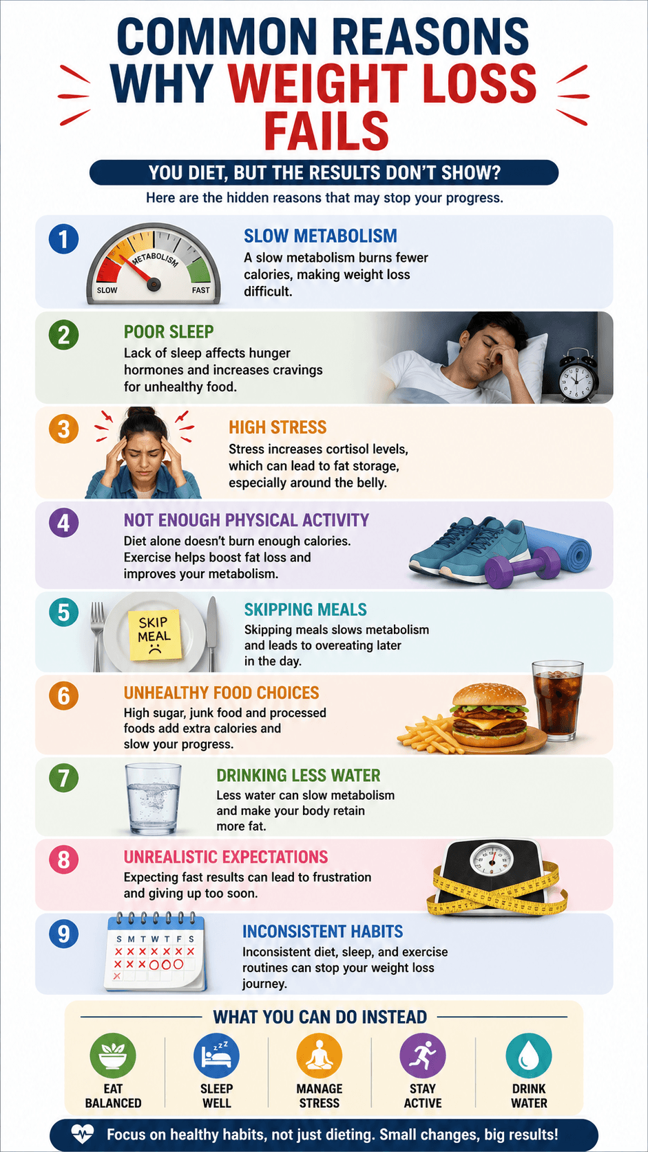Infographic showing common reasons why weight loss fails such as slow metabolism poor sleep stress inactivity unhealthy eating dehydration and inconsistent habits