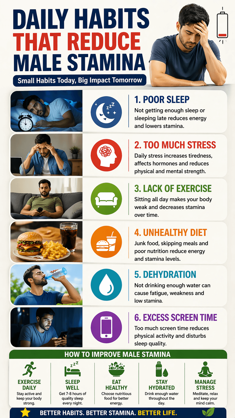 Infographic showing daily habits that reduce male stamina including poor sleep stress inactivity unhealthy diet dehydration and excessive screen time