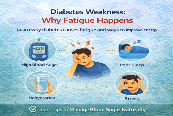 Infographic showing diabetes weakness and fatigue causes including high blood sugar poor sleep dehydration stress and low energy