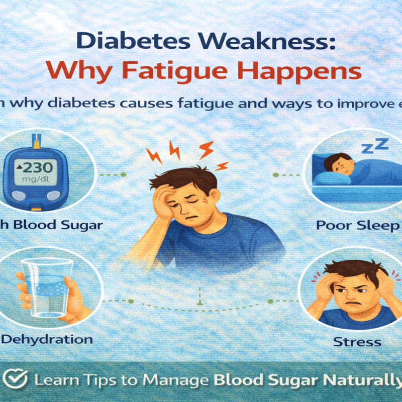 Infographic showing diabetes weakness and fatigue causes including high blood sugar poor sleep dehydration stress and low energy