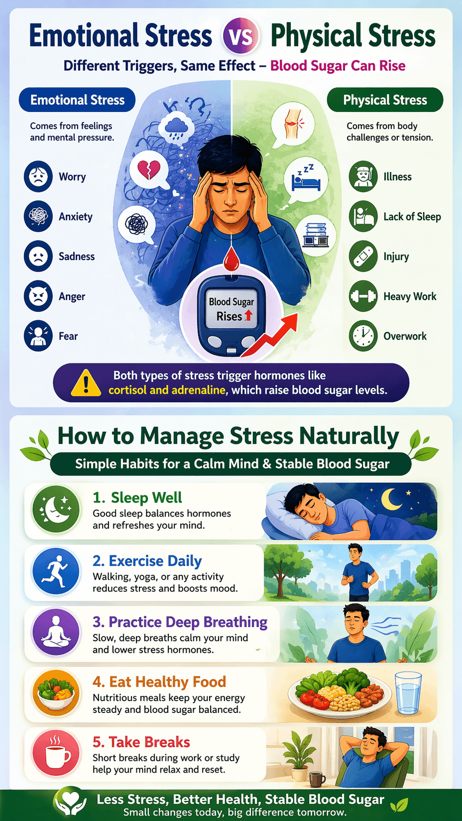 Infographic showing emotional stress vs physical stress and natural stress management tips like sleep exercise breathing healthy food and breaks