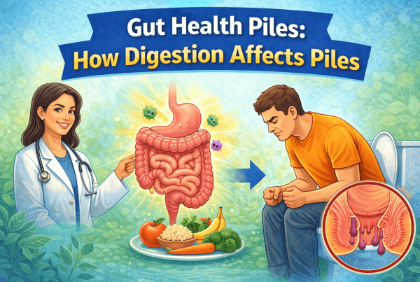 Illustration showing gut health piles connection with digestive system healthy food and piles symptoms explained visually