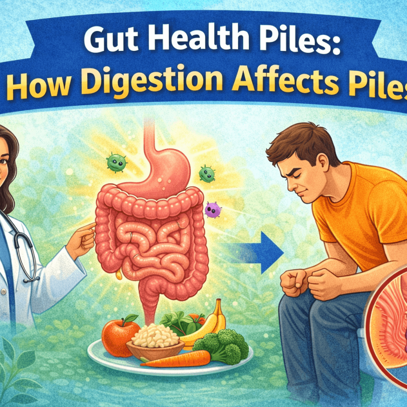 Illustration showing gut health piles connection with digestive system healthy food and piles symptoms explained visually