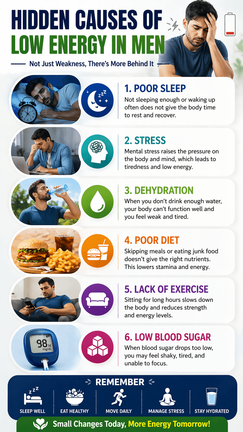 Infographic showing hidden causes of low energy in men such as poor sleep stress dehydration poor diet lack of exercise and low blood sugar