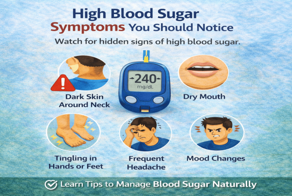 Infographic showing high blood sugar symptoms including dark skin around neck dry mouth tingling in hands or feet frequent headache and mood changes