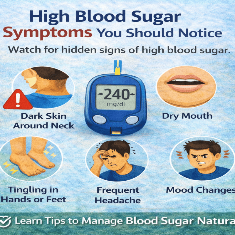 Infographic showing high blood sugar symptoms including dark skin around neck dry mouth tingling in hands or feet frequent headache and mood changes