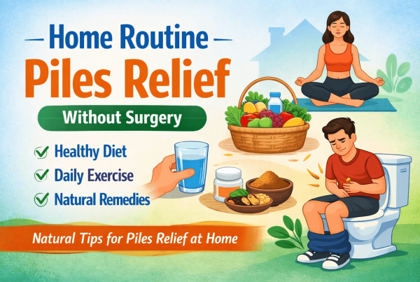 Illustration showing home routine piles relief without surgery with healthy diet yoga exercise hydration and natural remedies for piles