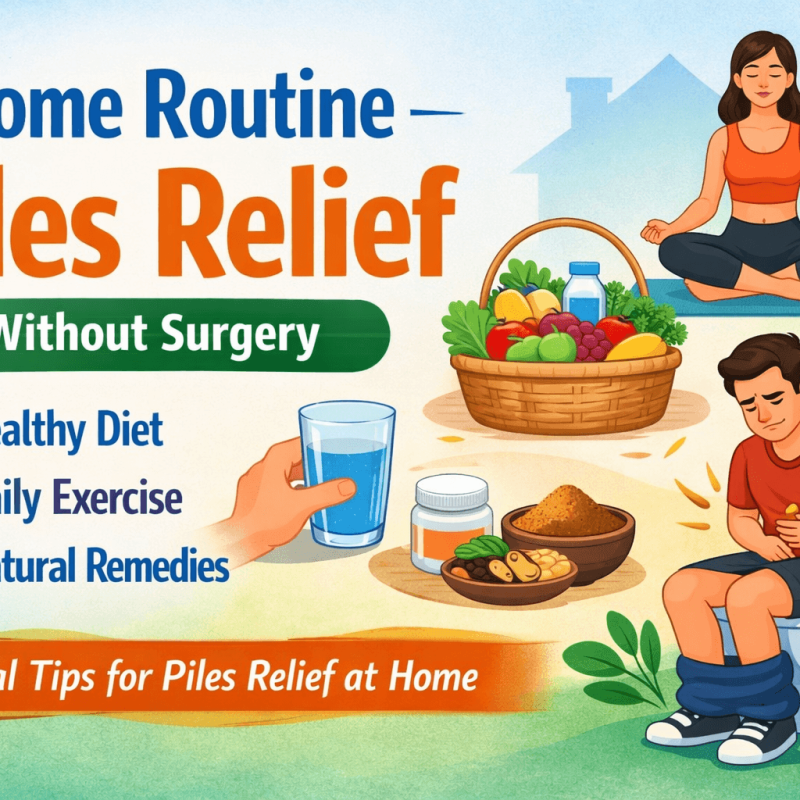 Illustration showing home routine piles relief without surgery with healthy diet yoga exercise hydration and natural remedies for piles