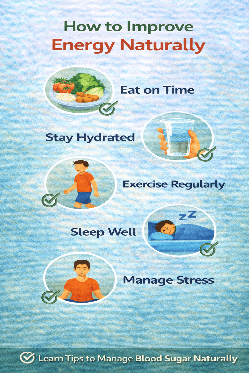 Infographic showing how to improve energy naturally through healthy eating hydration exercise proper sleep and stress management