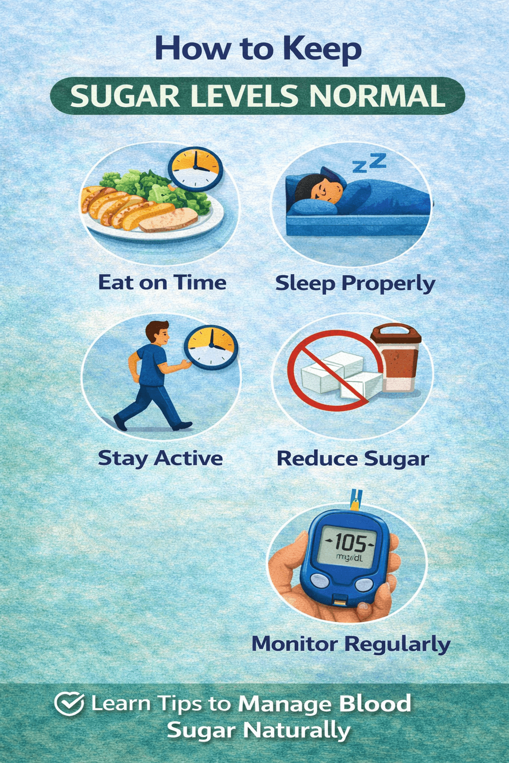 Infographic showing how to keep sugar levels normal with tips like eating on time sleeping properly staying active reducing sugar and monitoring regularly