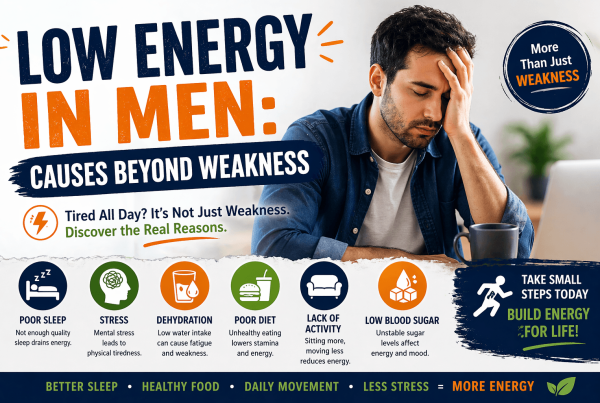 Featured image showing low energy in men caused by poor sleep stress dehydration poor diet lack of activity and low blood sugar