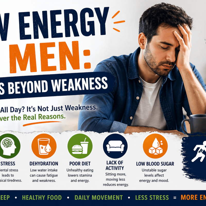 Featured image showing low energy in men caused by poor sleep stress dehydration poor diet lack of activity and low blood sugar
