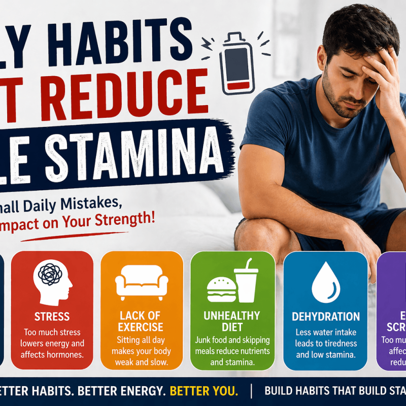 Featured image showing daily habits that reduce male stamina such as poor sleep stress unhealthy diet lack of exercise dehydration and excessive screen time