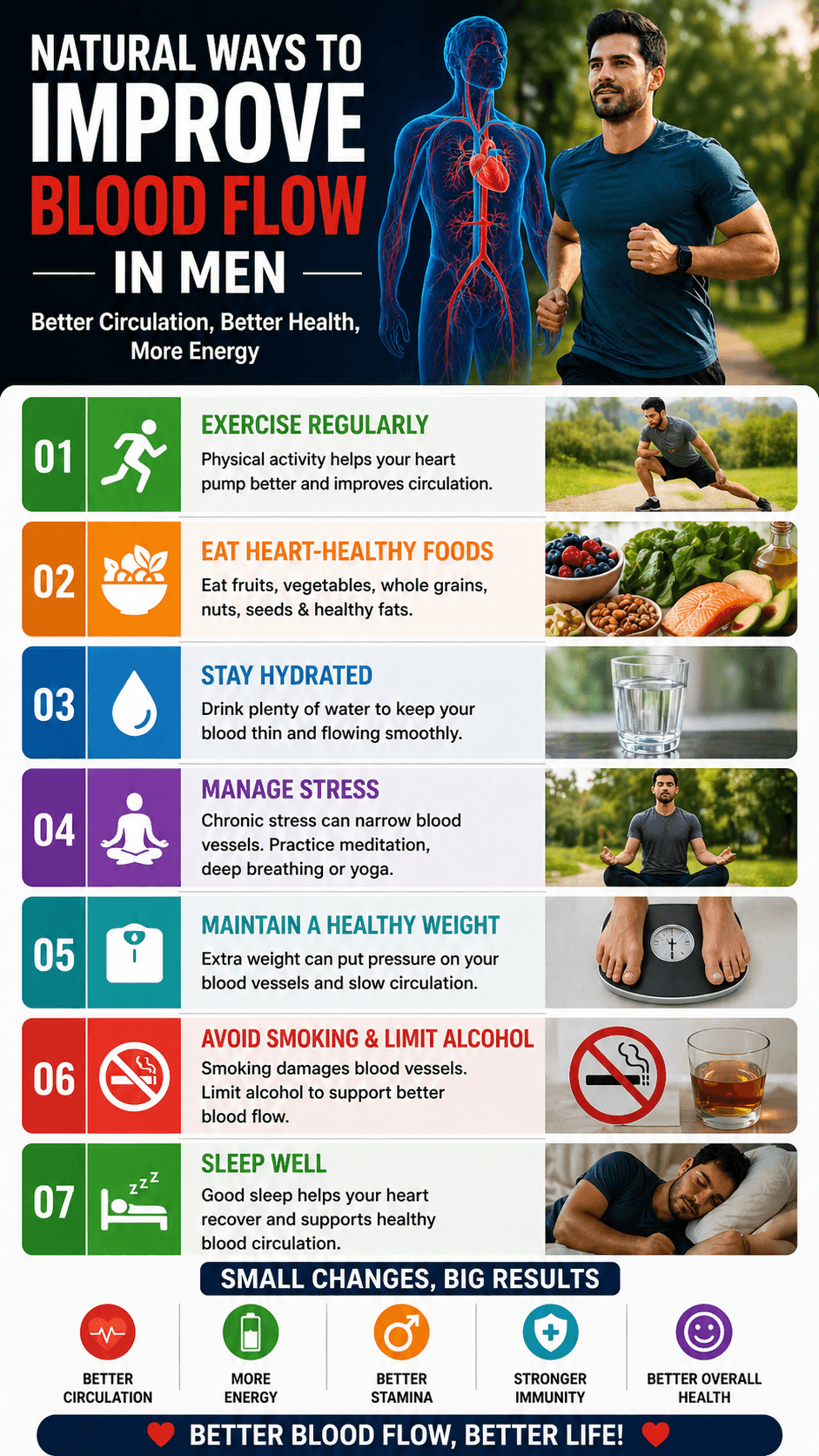Infographic showing natural ways to improve blood flow with tips like exercise healthy eating hydration stress control weight management and good sleep