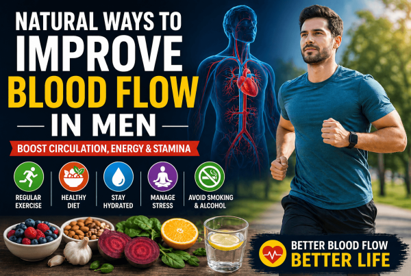 Featured image showing natural ways to improve blood flow in men including exercise healthy food hydration stress management and better circulation
