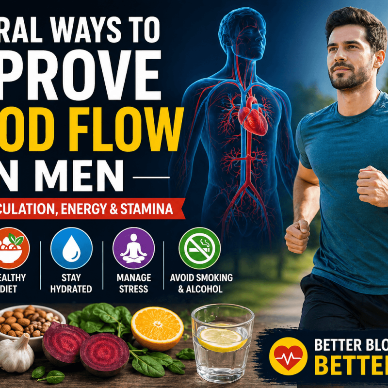 Featured image showing natural ways to improve blood flow in men including exercise healthy food hydration stress management and better circulation