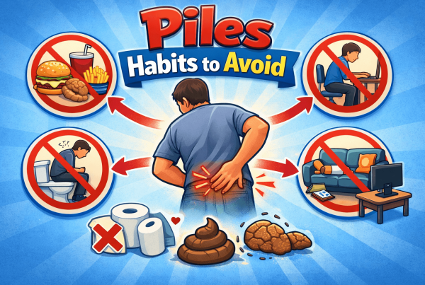 Illustration showing piles habits to avoid like junk food, prolonged sitting, straining during toilet, and inactive lifestyle