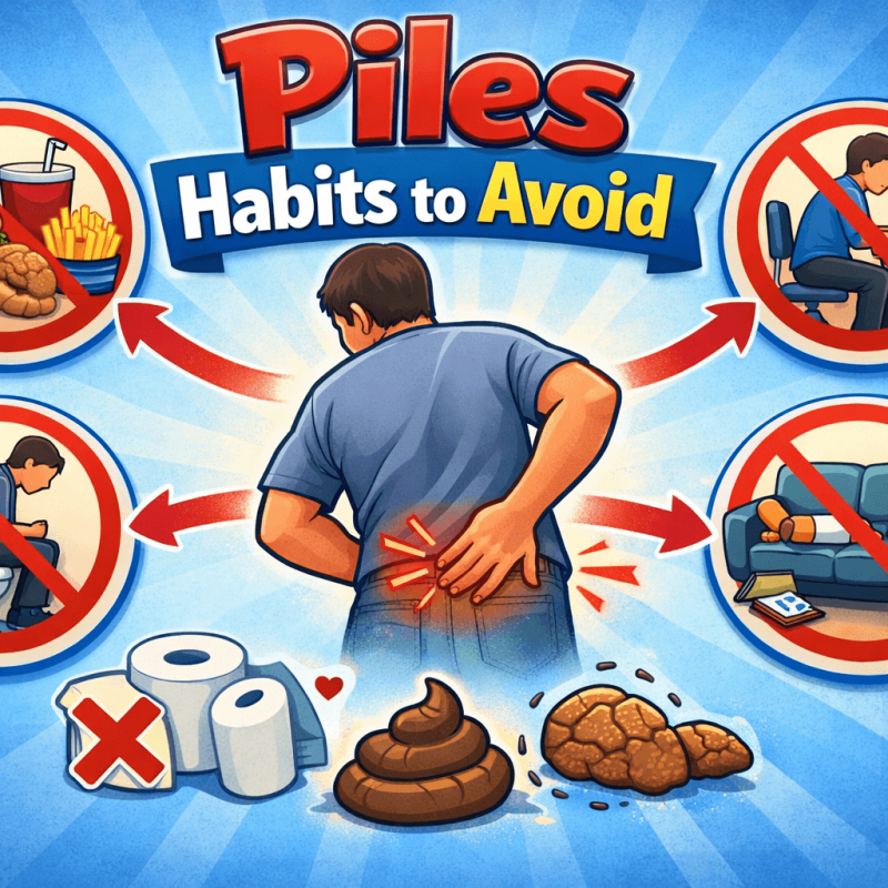 Illustration showing piles habits to avoid like junk food, prolonged sitting, straining during toilet, and inactive lifestyle