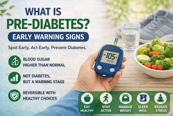 Illustration showing pre diabetes signs early warning including high blood sugar healthy diet exercise and lifestyle prevention tips