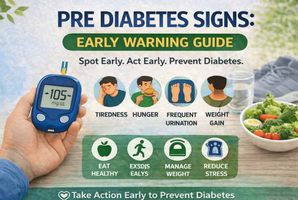 Infographic showing pre diabetes signs early warning symptoms like tiredness hunger frequent urination and lifestyle tips for prevention