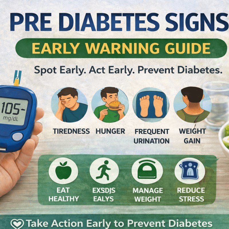 Infographic showing pre diabetes signs early warning symptoms like tiredness hunger frequent urination and lifestyle tips for prevention