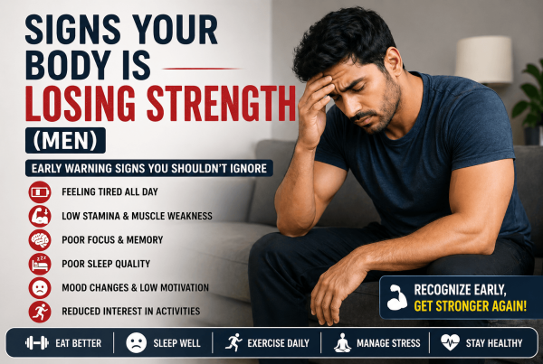 Featured image showing signs your body is losing strength in men such as fatigue low stamina muscle weakness poor sleep and mood changes