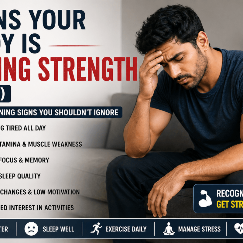 Featured image showing signs your body is losing strength in men such as fatigue low stamina muscle weakness poor sleep and mood changes