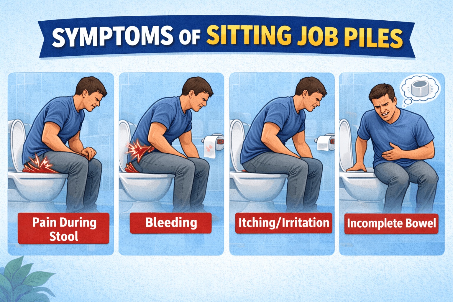 Illustration showing symptoms of sitting job piles including pain during stool bleeding itching and incomplete bowel movement