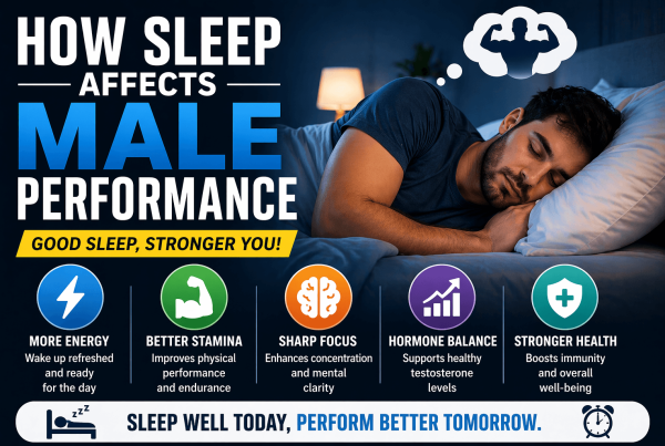 Featured image showing how sleep affects male performance including improved energy stamina focus hormone balance and better health