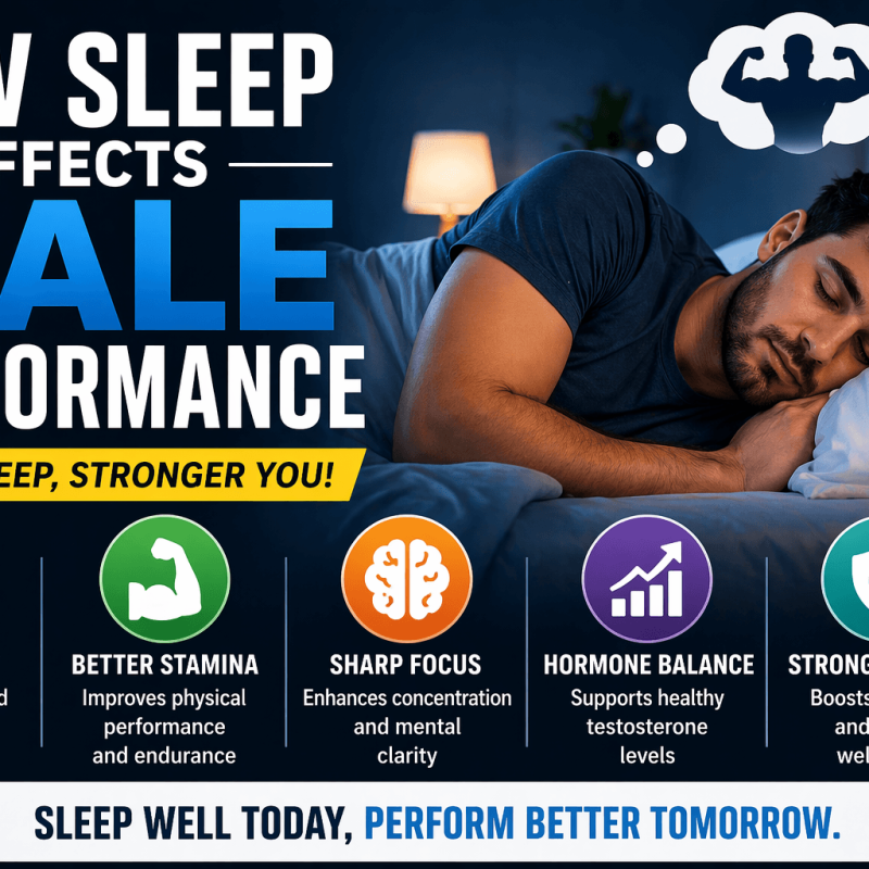 Featured image showing how sleep affects male performance including improved energy stamina focus hormone balance and better health