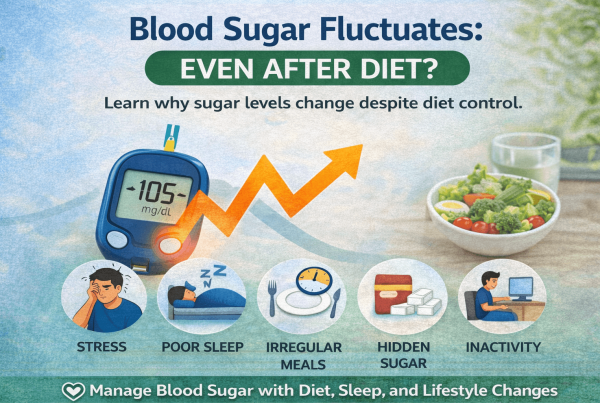 Infographic showing why blood sugar fluctuates even after diet control with causes like stress poor sleep hidden sugar irregular meals and inactivity