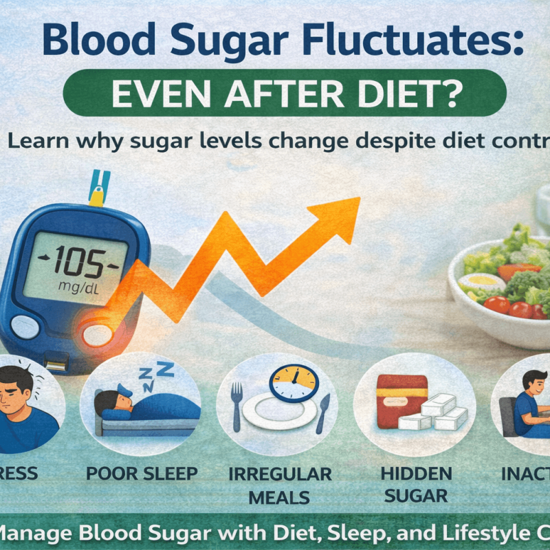 Infographic showing why blood sugar fluctuates even after diet control with causes like stress poor sleep hidden sugar irregular meals and inactivity