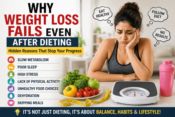 Featured image showing why weight loss fails even after dieting including slow metabolism poor sleep stress lack of activity and unhealthy food habits