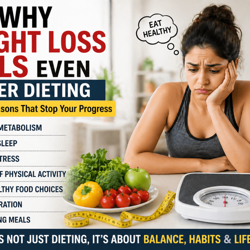 Featured image showing why weight loss fails even after dieting including slow metabolism poor sleep stress lack of activity and unhealthy food habits
