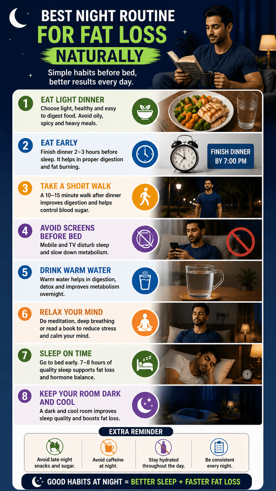 Infographic showing best night routine for fat loss naturally with steps like light dinner early meals walking no screens hydration relaxation and good sleep habits