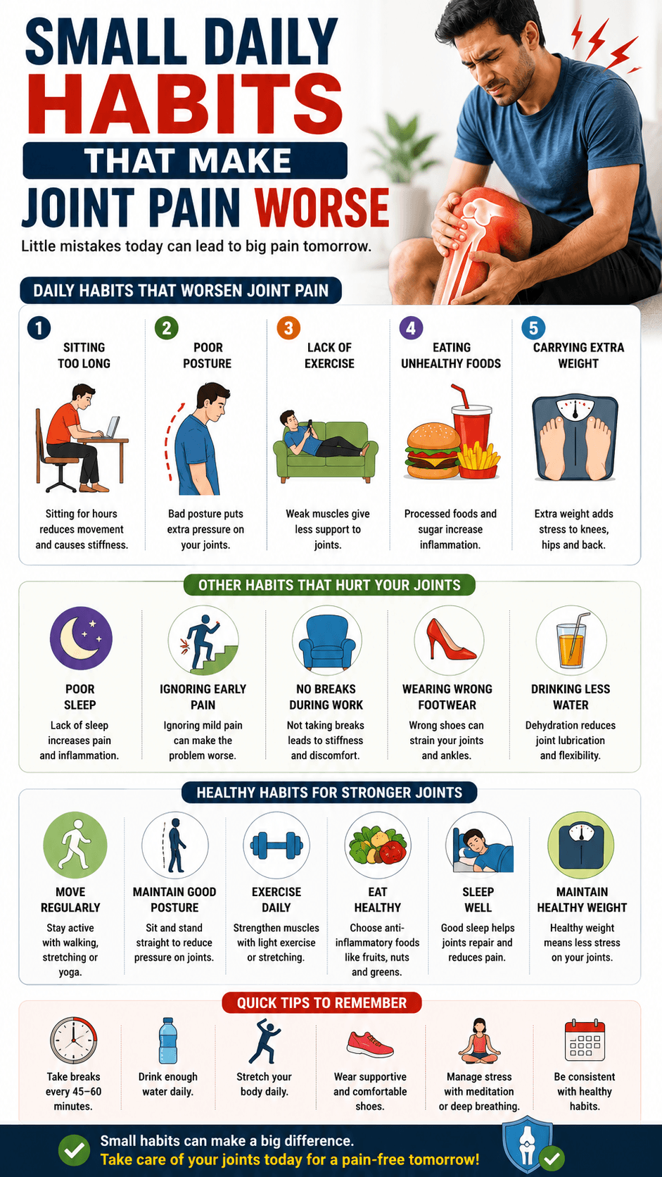 Vertical infographic explaining small daily habits that worsen joint pain such as sitting too long poor posture unhealthy food lack of exercise poor sleep and carrying extra weight