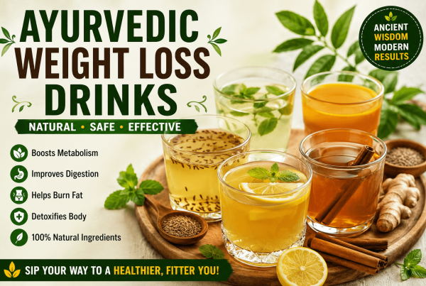 Featured image showing Ayurvedic weight loss drinks with natural ingredients like ginger lemon cinnamon jeera and herbal teas for fat loss and metabolism