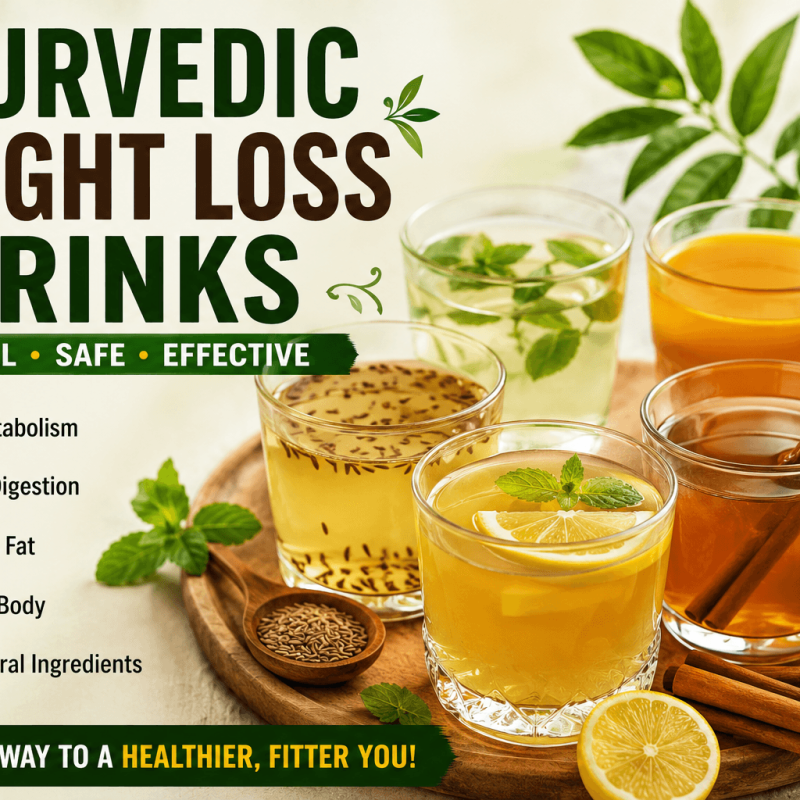 Featured image showing Ayurvedic weight loss drinks with natural ingredients like ginger lemon cinnamon jeera and herbal teas for fat loss and metabolism