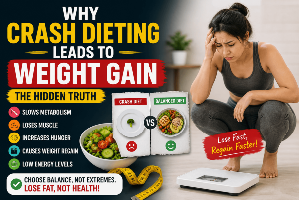 Featured image showing why crash dieting leads to weight gain including slow metabolism muscle loss increased hunger and fat regain