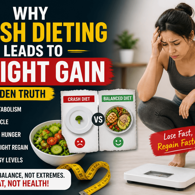 Featured image showing why crash dieting leads to weight gain including slow metabolism muscle loss increased hunger and fat regain