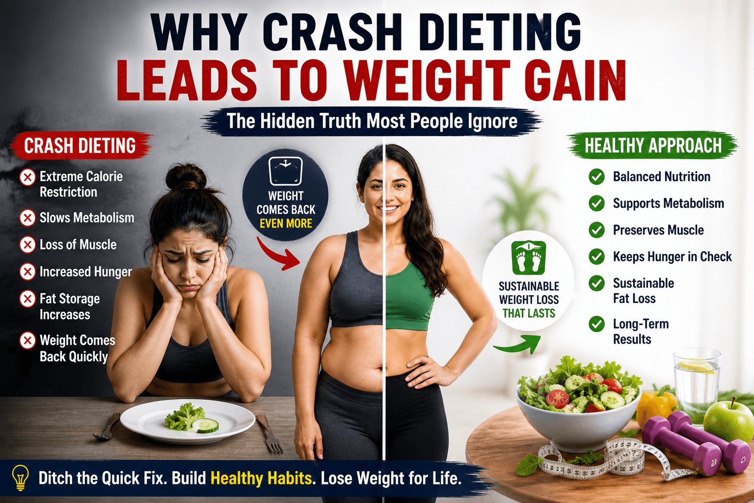 Infographic showing crash dieting vs balanced diet highlighting effects like slow metabolism weight regain low energy and benefits of healthy eating habits