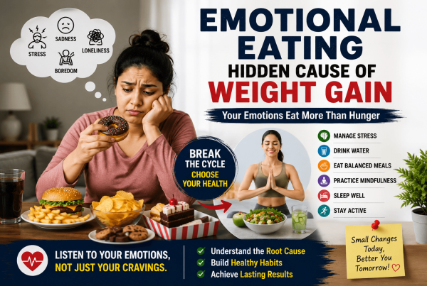 Featured image showing emotional eating weight gain caused by stress sadness boredom and unhealthy food cravings along with healthy lifestyle habits