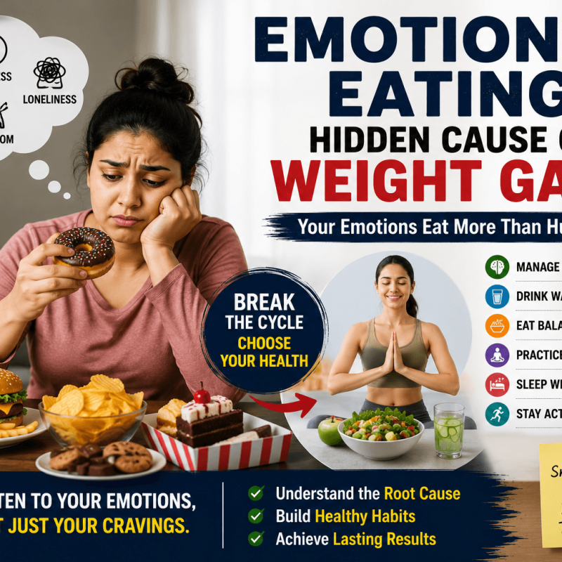 Featured image showing emotional eating weight gain caused by stress sadness boredom and unhealthy food cravings along with healthy lifestyle habits
