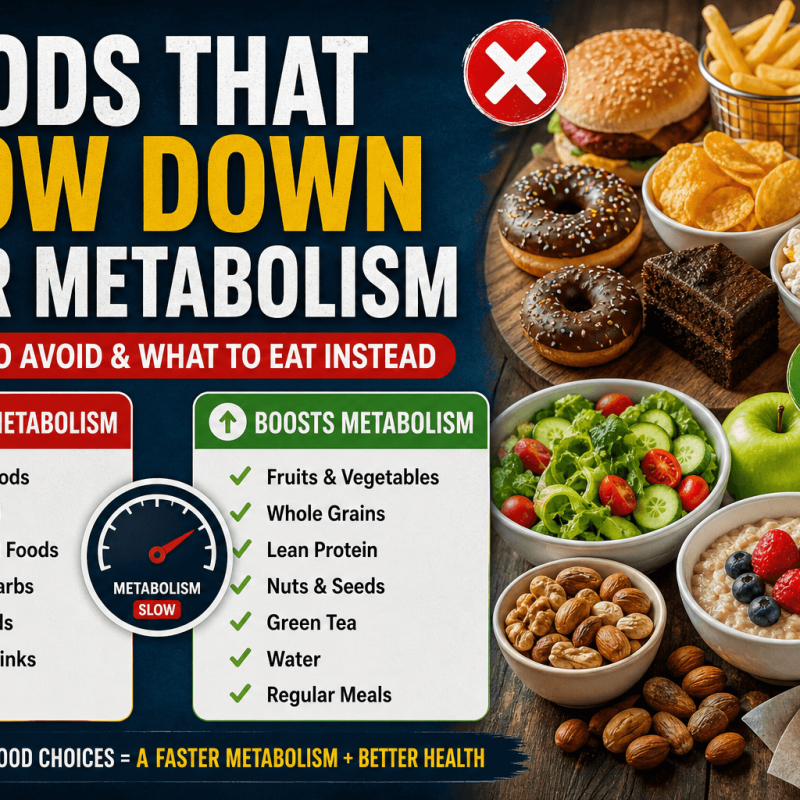 Featured image showing foods that slow down metabolism such as sugary foods junk food processed food refined carbs fried foods sugary drinks and alcohol