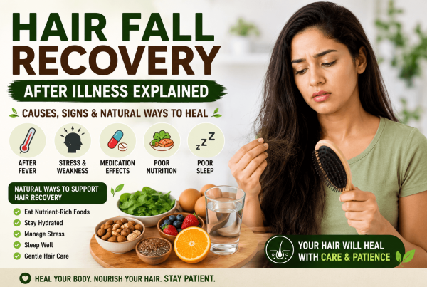 Featured image showing hair fall recovery after illness including causes like fever stress poor nutrition medicines and natural ways to improve hair growth