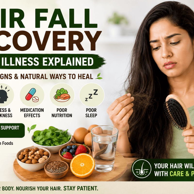 Featured image showing hair fall recovery after illness including causes like fever stress poor nutrition medicines and natural ways to improve hair growth