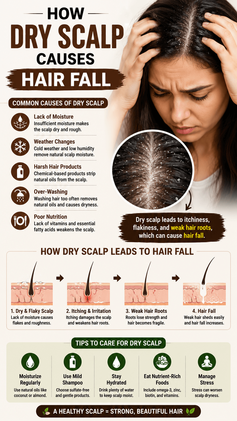 Infographic showing how dry scalp causes hair fall including flakes itchiness weak hair roots dryness and natural scalp care solutions