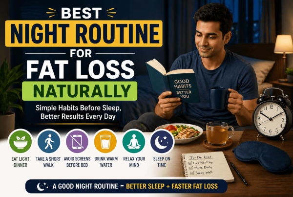 Featured image showing night routine for fat loss naturally with habits like light dinner walking avoiding screens drinking water relaxing and sleeping on time