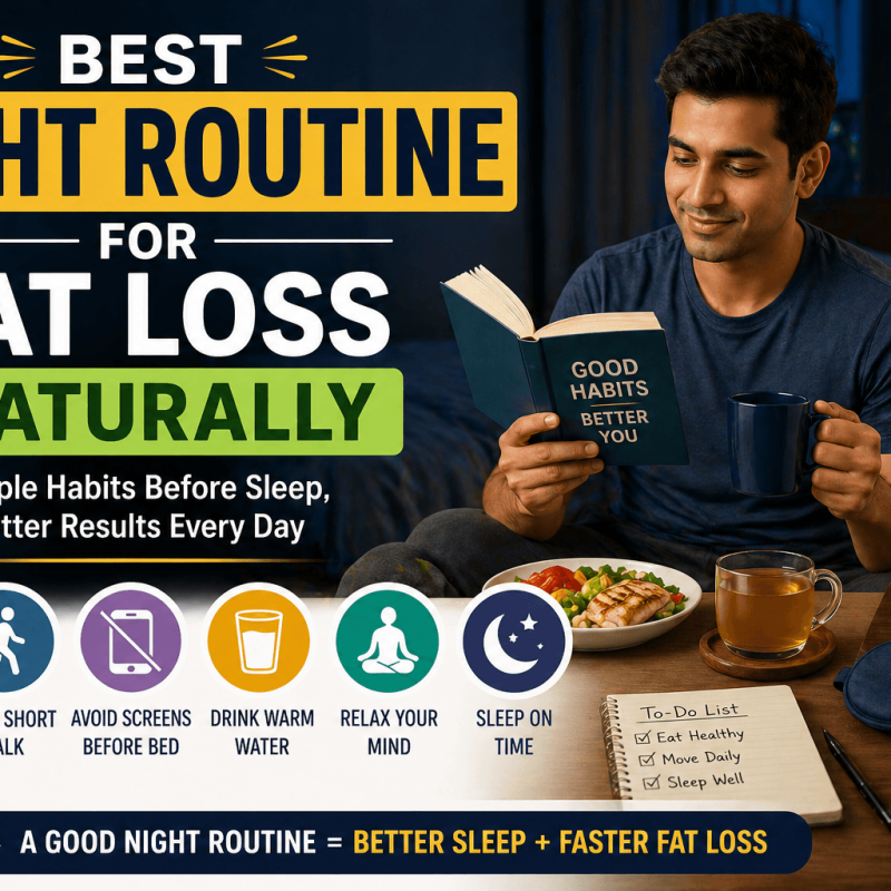 Featured image showing night routine for fat loss naturally with habits like light dinner walking avoiding screens drinking water relaxing and sleeping on time